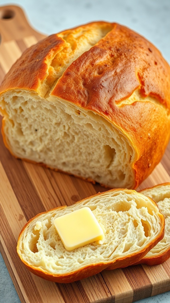 Freshly baked homemade bread loaf with a golden crust, sliced on a wooden board with melting butter.